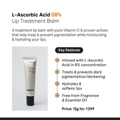 Minimalist Lip Treatment Balm for Lightening Dark Lips, Hydrating & Softening | 8% L-Ascorbic Acid with Vitamin E, Radianskin & Glycerine | For Women & Men | 0.42 Oz / 12 gm