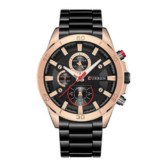 CURREN Men's Chrono Watch Rose Gold Stainless Steel Case Black Dial 3 Subdials Black Stainless Steel Case, Black