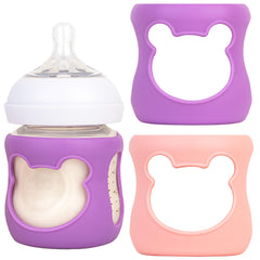 Aelop 100% Silicone Baby Bottle Sleeves for Philips Avent Natural Glass Baby Bottles, Premium Food Grade Silicone Bottle Cover, Cute Bear Design, 4oz, Pink and Purple, Pack of 2