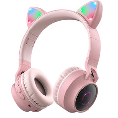 Aresrora Wireless Bluetooth Headphones, Cat Ears Bluetooth Over Ear Headphones Volume Limiting,LED Lights, FM Radio, TF Card, Aux, Mic for iPhone/iPad/Kindle/Laptop/PC/TV (PINK)