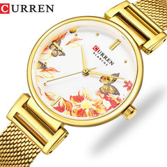 CURREN Ladies Analog Watch Gold Stainless Steel Case Floral Design Dial Gold Stainless Steel Bracelet
