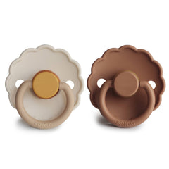FRIGG Daisy Latex Pacifier | 2-Pack | Daisy Block Natural Rubber Soother | Symmetrical Cherry Shaped Nipple | BPA Free | Made in Denmark | Latex Dummy | Chamomile/Peach Bronze - Size 1 (0-6 Months)