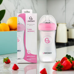 Umomy 12+M Baby Anti-Colic Bottles | Wide Neck Breast-Like Nipple | Fast Flow Silicone Teat | BPA-Free PP Infant Bottles for Toddlers 330ML (Pink)