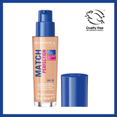 Rimmel Match Perfection Foundation 010 Light Porcelain, Medium Coverage, 24H Hydration, No Clumping or Creasing, Lightweight, Reduces Imperfections, Invisible Coverage, SPF 20, Cruelty-Free