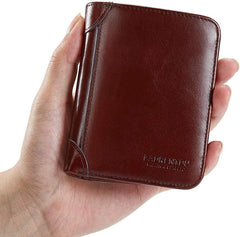 LAORENTOU Genuine Leather Wallets for Men Short Billfold Wallet with Zipper Pocket Mens Clutch Wallet Purses Credit Card Holders Gift for Father Day, Dark Brown, ONE SIZE