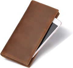 JEEBURYEE Men's Vintage Genuine Leather Long Bifold Wallet RFID Blocking Card Holder, Brown, L