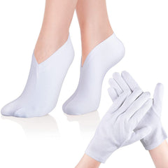 ELECDON Moisturizing Socks and Gloves Set, 4 Pairs Spa Socks and 4 Pairs White Gloves for Dry Hands, White Cloth Gloves Premium Cotton Spandex Socks, Cosmetic Moisturizing Socks for Women and Men