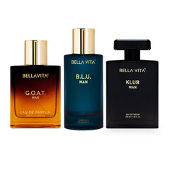 Bella Vita Luxury Best Of Men Perfumes Combo, Pack of 3 Premium Long Lasting EDP Fragrance Scents - G.O.A.T, B.L.U, KLUB, 100 Ml each