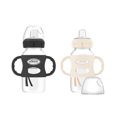 Dr. Brown's Milestones™ Wide-Neck Sippy Bottle with 100% Silicone Handles, Easy-Grip Bottle with Soft Sippy Spout, 9oz/270mL, BPA Free, Black & Ecru, 2 Pack, 6m+
