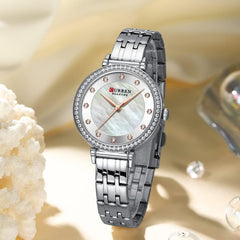 CURREN New Simple Thin Quartz Watch Women's Silver Stainless Steel Wrist Watch With Rhinestones - SILVER