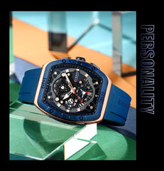 CURREN 8443 Men's Waterproof Quartz Calendar Tape Multifunctional Watch Men's Watch Silicone Band With Orrignal Cureen Box - BLUE