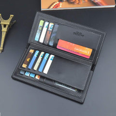 FEIXAING Men's Long Thin Slim Leather Wallet Credit Card Clip Money Bag Business Card Organizer Bi-Fold Passport Wallet Men Black