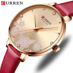 CURREN 9068 Brand Women Watch Fashion Flower Dial Quartz Ladies Leather Wristwatch Elegant Gift Lady Watche WITH ORIGNAL GIFT BOX - RED