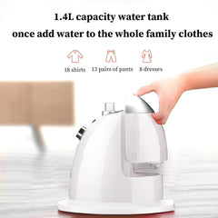 Steam Iron, 1800W Standing Garment Steamer with Ironing Board, 10 Levels of Adjustment, 35 g/min, 1.4Liter Capacity, Strong Steam Penetration, Wrinkle Removal, Suitable for Home, Office and Travel - White