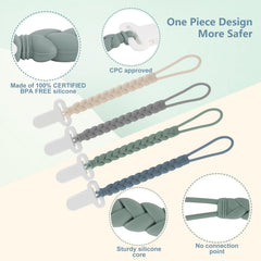 Slotic 4-Pack Silicone Pacifier Clips with a Woven Rope Shape for Baby Boys and Girls - Flexible and Rust-Free Holders for Teething Relief and Baby Essentials, Safe for Newborns (Grey)
