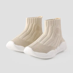 PATPAT Toddler Sneakers Solid Breathable Slip-on Athletic Flyknit Sports Shoes Beige