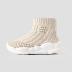 PATPAT Toddler Sneakers Solid Breathable Slip-on Athletic Flyknit Sports Shoes Beige
