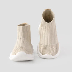 PATPAT Toddler Sneakers Solid Breathable Slip-on Athletic Flyknit Sports Shoes Beige