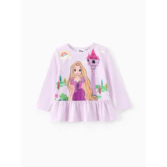 PATPAT Disney Princess Toddler Girl 2pcs Character Print Peplum Long-sleeve Tee and Stripe Pants Set Purple