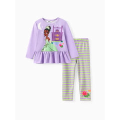 PATPAT Disney Princess Toddler Girl 2pcs Character Print Peplum Long-sleeve Tee and Stripe Pants Set Purple
