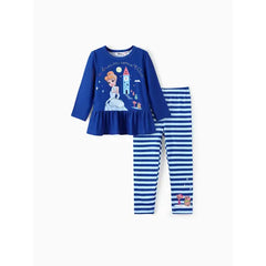 PATPAT Disney Princess Toddler Girl 2pcs Character Print Peplum Long-sleeve Tee and Stripe Pants Set Blue