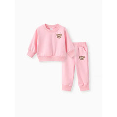 Patpat 2pcs Baby/Toddler Girl/Boy Clothes Solid Bear Pattern Set pink