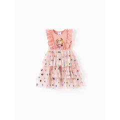 PATPAT PAW Patrol Toddler Girl Cotton Ruffled Polka dots Layered Mesh Splice Sleeveless Dress Pink