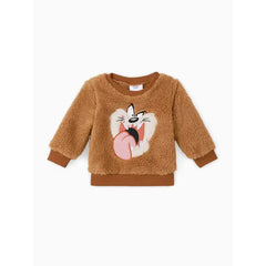 Patpat Looney Tunes Baby Boy/Girl Cartoon Animal Embroidered Long-sleeve Thermal Fuzzy Pullover brown