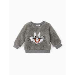 Patpat Looney Tunes Baby Boy/Girl Cartoon Animal Embroidered Long-sleeve Thermal Fuzzy Pullover Gray