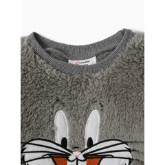 Patpat Looney Tunes Baby Boy/Girl Cartoon Animal Embroidered Long-sleeve Thermal Fuzzy Pullover Gray