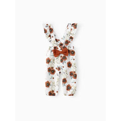 Patpat baby Girl 3pcs Sweet Solid Romper and Floral Print Ruffled Overalls with Headband Set Brown