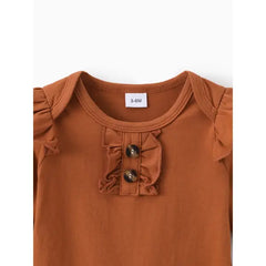 Patpat baby Girl 3pcs Sweet Solid Romper and Floral Print Ruffled Overalls with Headband Set Brown