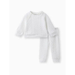 Patpat Baby Boy/Girl Clothes 2pcs Solid Knitted Sweatshirt and Pants Set white