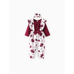 Patpat baby Girl 3pcs Sweet Solid Romper and Floral Print Ruffled Overalls with Headband Set Burgundy