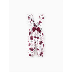Patpat baby Girl 3pcs Sweet Solid Romper and Floral Print Ruffled Overalls with Headband Set Burgundy
