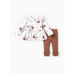 Patpat Baby Girl Clothes 2PCS Sweet Big Flower Flutter Sleeve Set brown