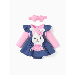 Baby Girls Clothes SuperCuteCute Bear Embroidered Romper with Headband Blue