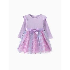 PATPAT Toddler Girl Sweet Mesh Splice Dress Purple