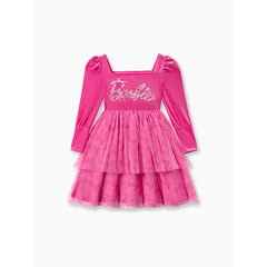 PATPAT Barbie Kid Girl Glitter Letter Graphic Long-sleeve Mesh Fairy Dress Pink