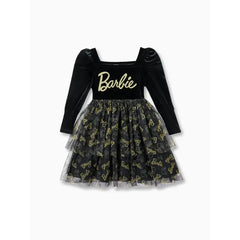 PATPAT Barbie Kid Girl Glitter Letter Graphic Long-sleeve Mesh Fairy Dress Black