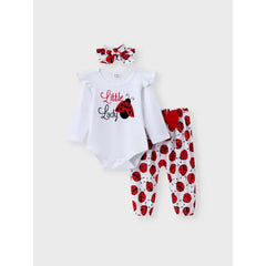 Patpat Baby Girl Clothes 3pcs Ladybug Letter Print Romper and Bowknot Trousers with Headband Set