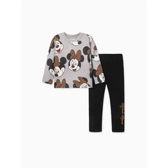PATPAT Disney Mickey and Friends Toddler Girl Cotton Leopard Print Solid Top and Pant Sets Grey