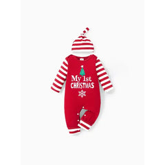 PATPAT Christmas 2pcs Baby Boy/Girl 95% Cotton Striped Long-sleeve Letter Print Jumpsuit with Hat Set red