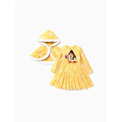 PATPAT Disney Princess Toddler Girl Naia™ Character Print Long-sleeve Dress and Hooded Allover Snowflake Print Cloak Set Yellow