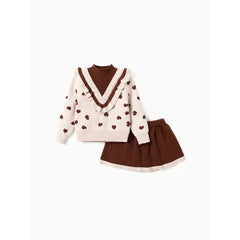 PatPat Toddler Girl 2pcs Heart Print Sweater Skirt set Brown