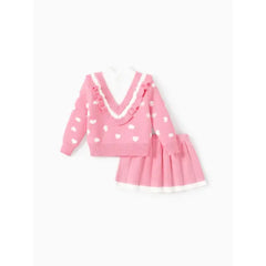 PatPat Toddler Girl 2pcs Heart Print Sweater Skirt set Pink