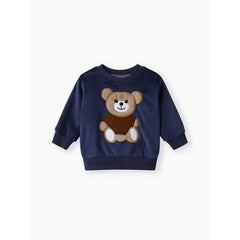 patpat Baby Boy 95% Cotton Long-sleeve Cartoon Bear Pattern Thickened Fleece Lined Pullover and Trousers Set Blue- 2pcs