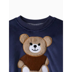 patpat Baby Boy 95% Cotton Long-sleeve Cartoon Bear Pattern Thickened Fleece Lined Pullover and Trousers Set Blue- 2pcs