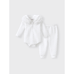 patpat Baby Boy/Girl White Imitation Knitting Textured Spliced Faux Fur Hooded Long-sleeve Romper and Pants Set Off-white
