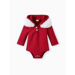 patpat Baby Boy/Girl White Imitation Knitting Textured Spliced Faux Fur Hooded Long-sleeve Romper and Pants Set Red